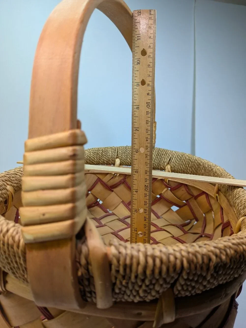 Vintage Mixed Media Decorative Basket Solid Wood Handle Nailed Construction